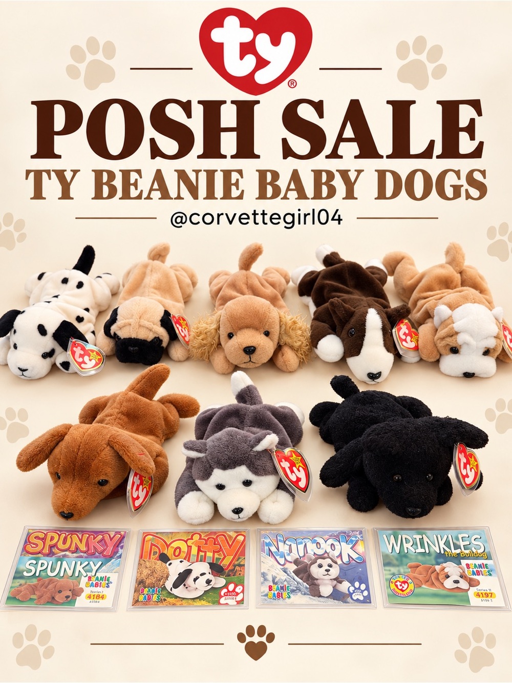 Ty Beanie Baby Dogs Plush Assortment and collectors cards. All PVC pellets.